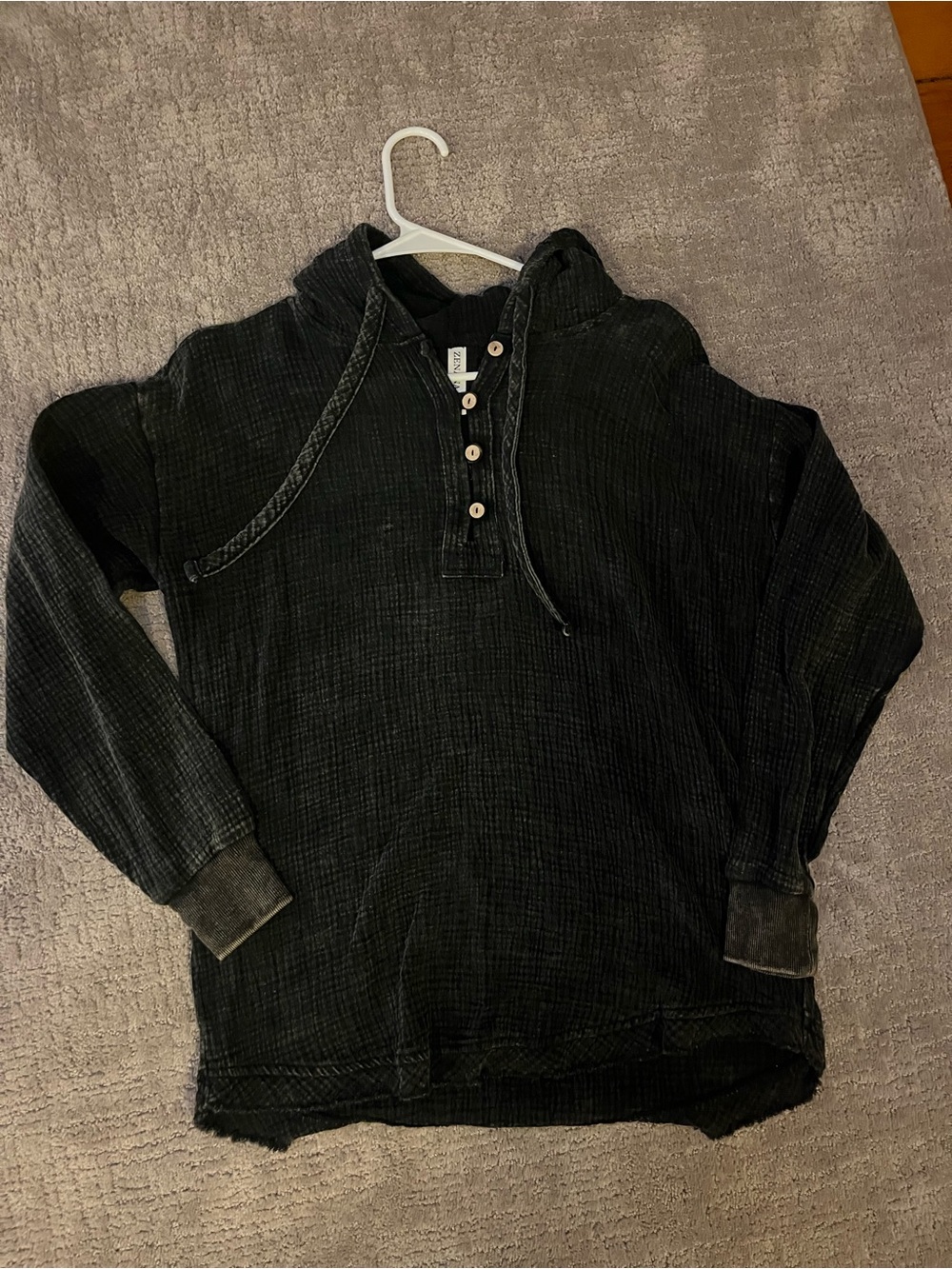 Zenana Outfitters Black Textured Henley Hoodie